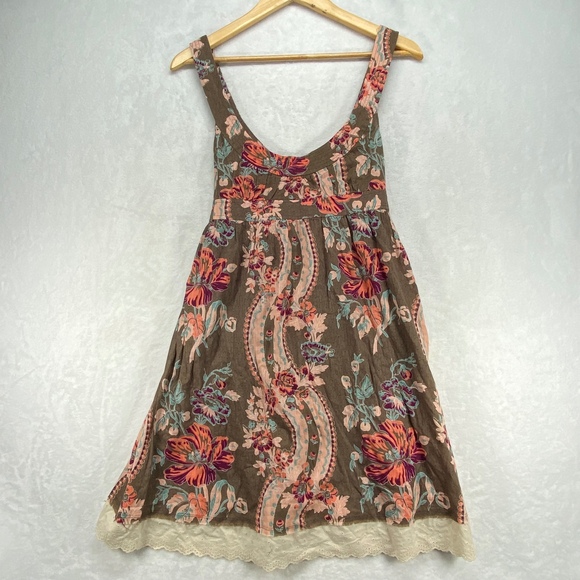 Free‎ People Floral Sundress Lace Trim Sleeveless Casual Brown Dress 2(estimate) - Picture 1 of 10